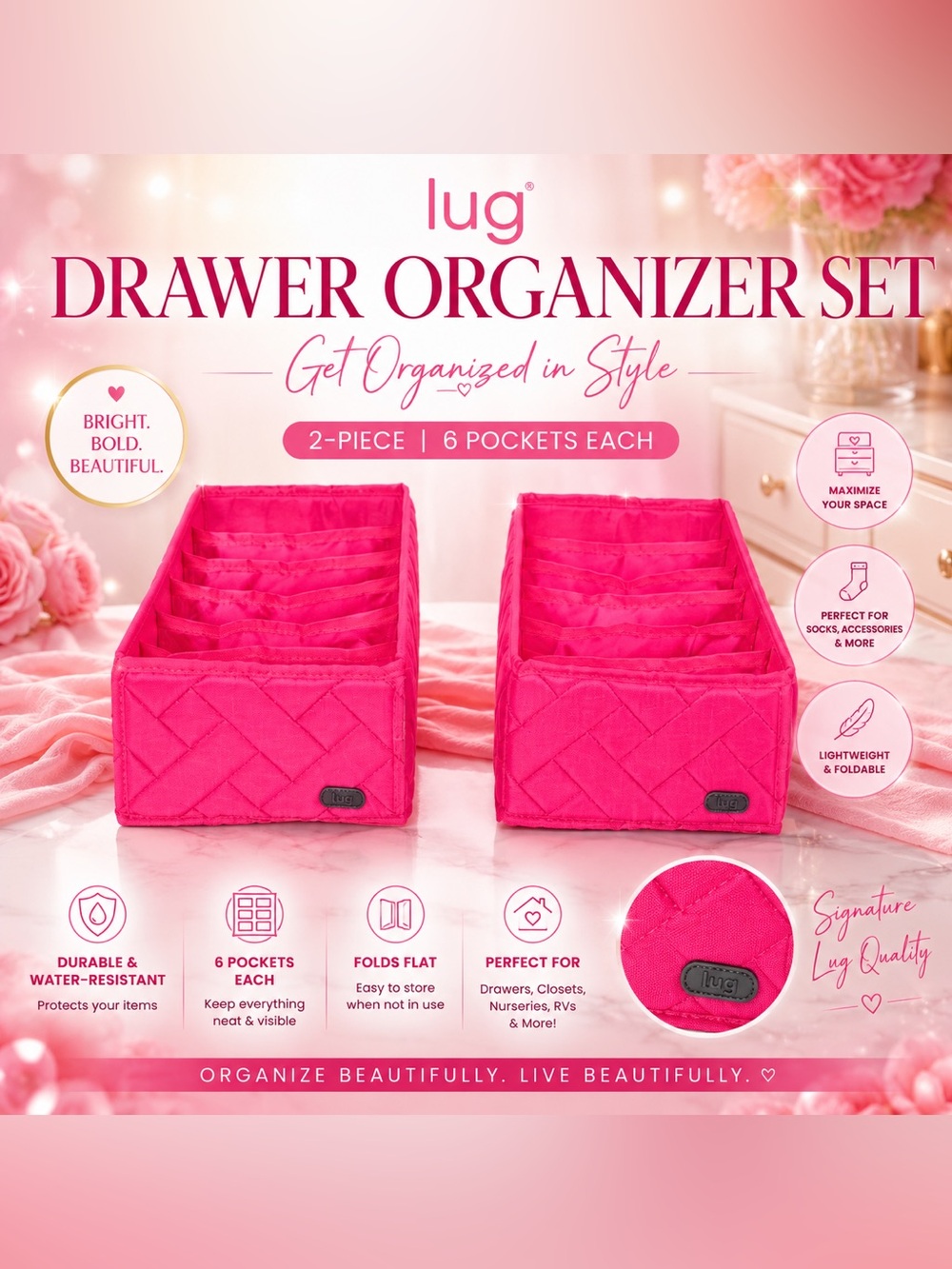 Lug Dolly 2-Piece 6 Pocket Drawer Organizer Set Magenta NWT